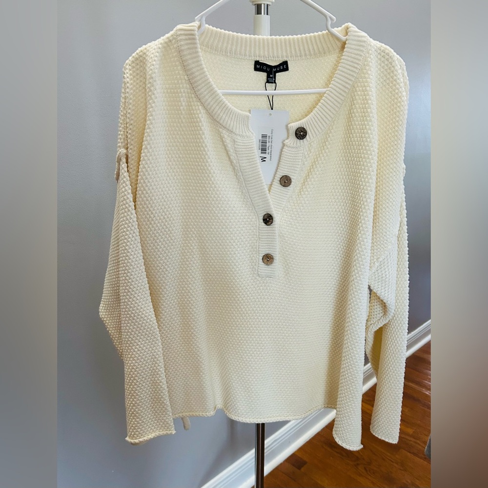 Women's Cream V-Neck Button-Up Sweater